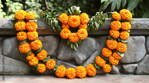 Vibrant marigold flower garlands arranged decoratively. photo