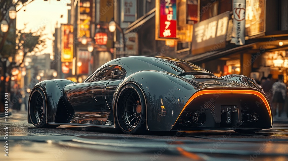 A sleek, futuristic sports car parked in a vibrant city street. A sleek, futuristic sports car parked in a vibrant city street.