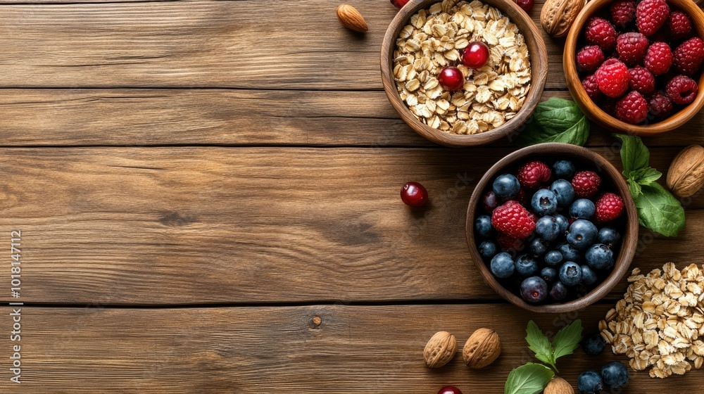 Nutrient-rich breakfast for children with oatmeal, berries, and nuts on a wooden table. Copy space above. Nutrient-rich breakfast for children with oatmeal, berries, and nuts on a wooden table. Copy space above.