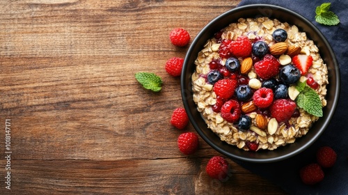 Nutrient-rich breakfast for children with oatmeal, berries, and nuts on a wooden table. Copy space above.