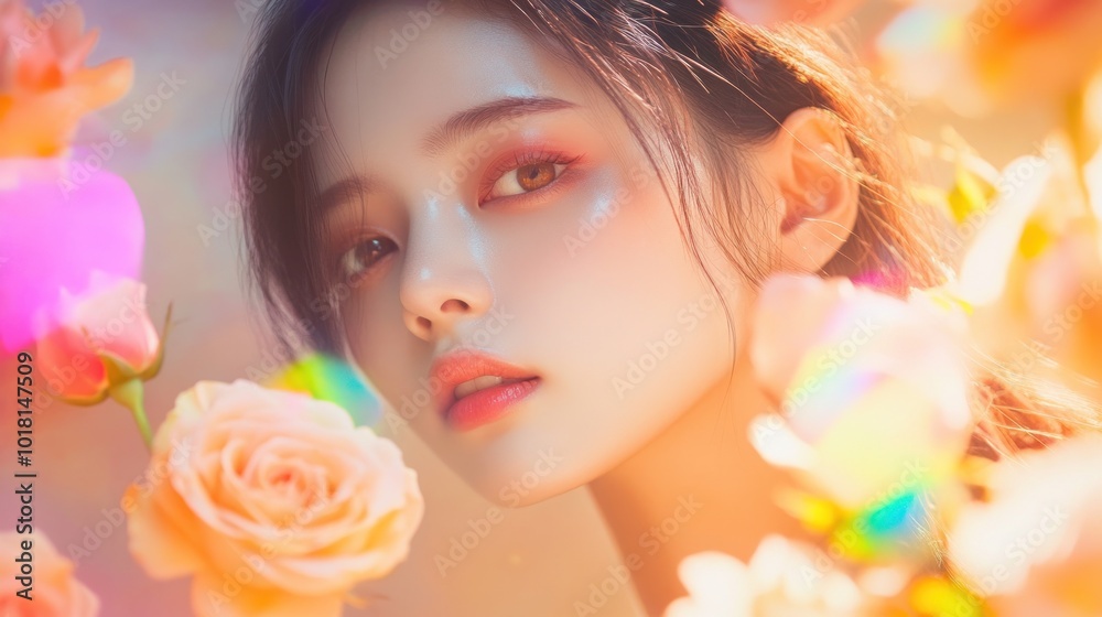 Portrait of a Young Woman with Roses and Soft Lighting Portrait of a Young Woman with Roses and Soft Lighting