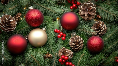 Red and green Christmas theme with pine branches and ornaments. Copy space available.