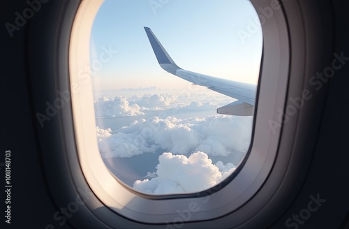 wing of the plane against the blue sky with clouds. view from eluminator to the wing of the aircraft against the sky. Concept: flight, vacation, tourism. photo