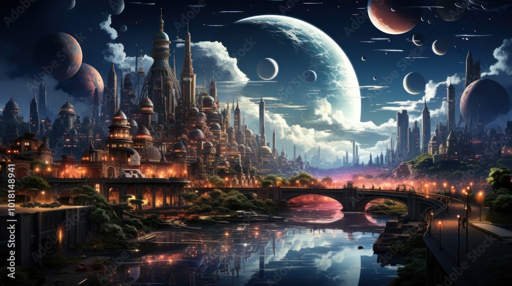 Fototapeta premium Futuristic Cityscape with Celestial Wonders