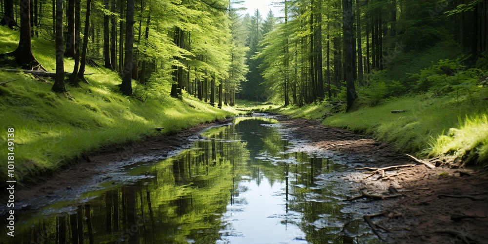 Fototapeta premium A Tranquil Stream Winds Through a Lush Canopy of Emerald Green Trees, Its Still Waters Reflecting the Sunlight Filtering Through the Branches