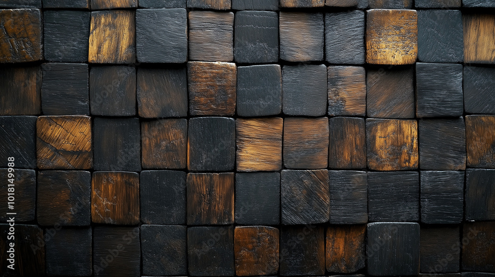 A black and brown wooden wall with a pattern of squares A black and brown wooden wall with a pattern of squares