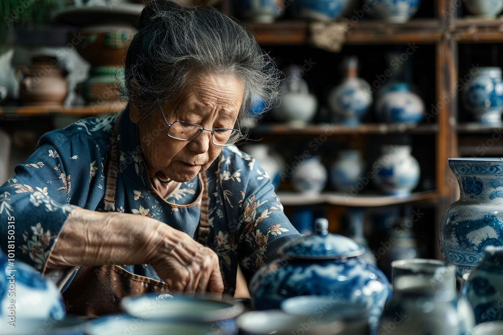 Generative AI photo craftsman shaping clay pot on spinning wheel in pottery studio surrounded by ceramic pieces Generative AI photo craftsman shaping clay pot on spinning wheel in pottery studio surrounded by ceramic pieces