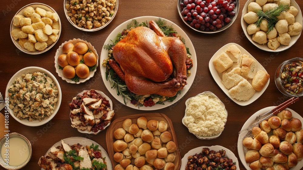 Thanksgiving dinner spread with turkey, rolls, and various side dishes. Copy space available. Thanksgiving dinner spread with turkey, rolls, and various side dishes. Copy space available.
