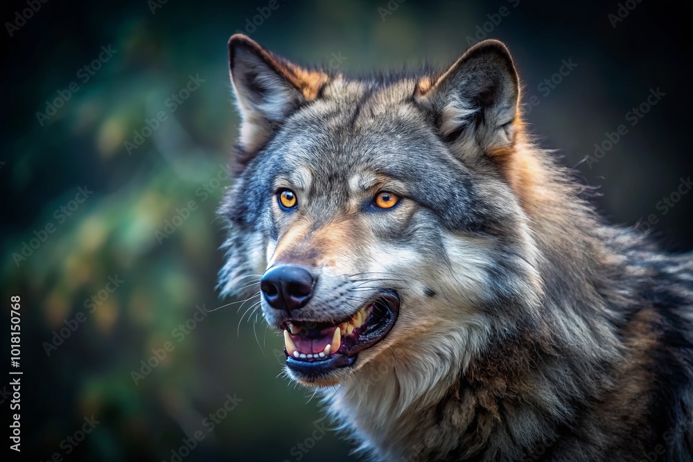 Fototapeta premium Growling Grey Wolf Portrait in Natural Habitat - Majestic Wildlife Photography