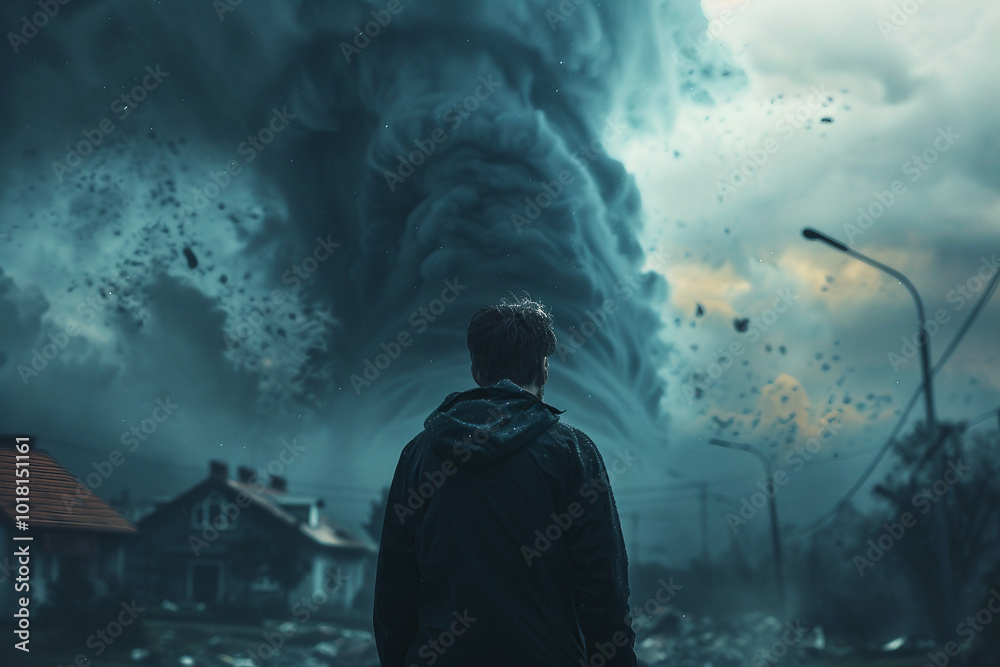 Obraz premium Scary storm day, person in danger under tsunami storm thunderstorm lightning, Generative AI