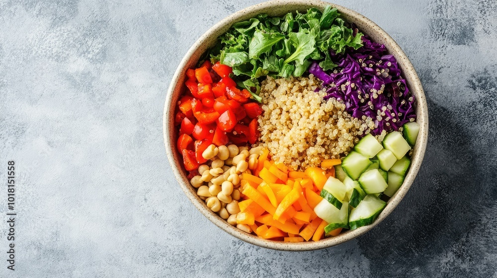 Top view of a bowl of quinoa salad with colorful veggies for kids' lunch. Copy space above. Top view of a bowl of quinoa salad with colorful veggies for kids' lunch. Copy space above.