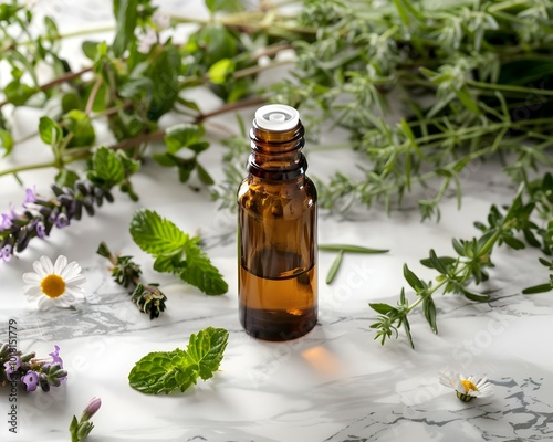 Luxurious Essential Oil Bottle Amidst Fresh Herbs and Flowers on Marble Countertop