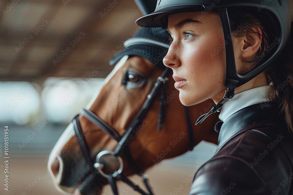 Generative AI illustration, equestrian sports lesson training, young person man woman kid learning to ride a horse