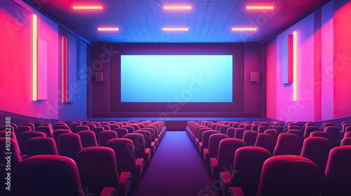 Empty movie theater with screen. Perfect for movie themes, presentations, or entertainment. photo