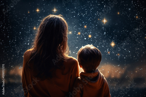 AI generated rear view photo of mother and child family looking sky