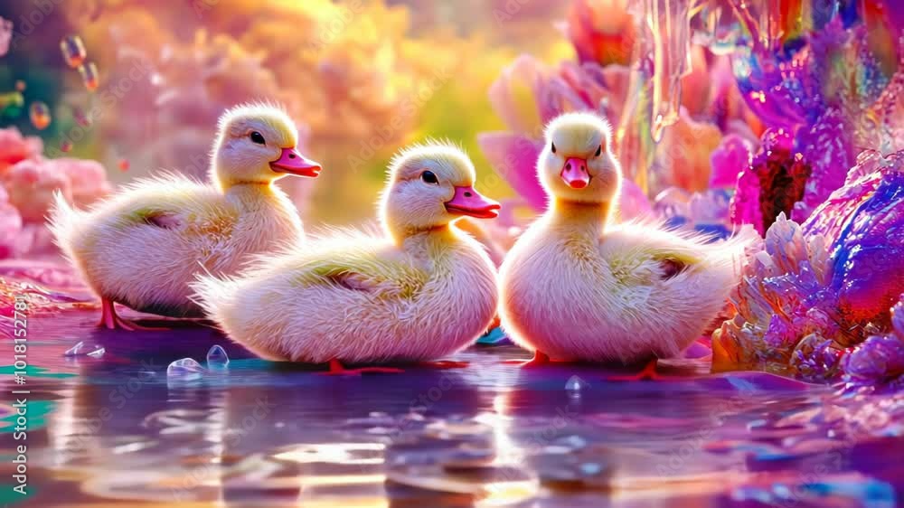 Three fluffy ducklings in a colorful, surreal environment by a shimmering water surface. Three fluffy ducklings in a colorful, surreal environment by a shimmering water surface.