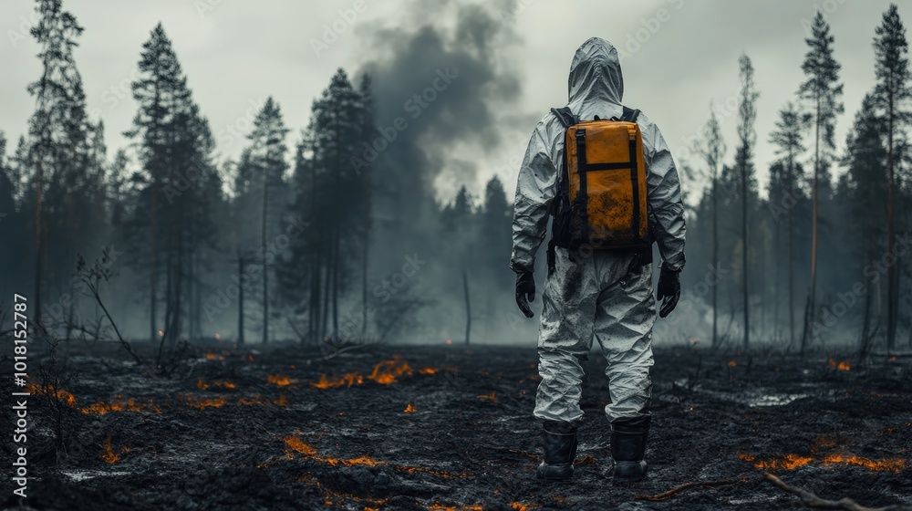 A man in protective clothing stands on scorched earth with dying trees on the horizon. a metaphor for the struggle between man and nature. climate change and pollution A man in protective clothing stands on scorched earth with dying trees on the horizon. a metaphor for the struggle between man and nature. climate change and pollution