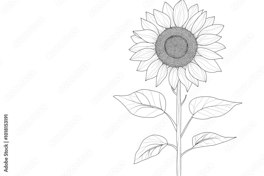 Black and white line drawing of a sunflower with leaves on a stem ...