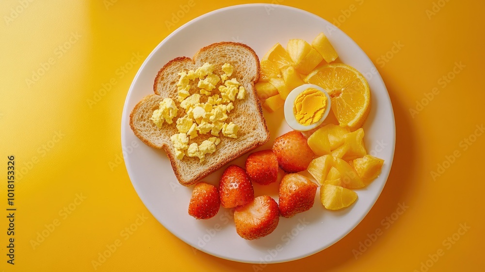 Top view of a plate with whole-grain toast, eggs, and fruit slices for kids' breakfast. Copy space on the side. Top view of a plate with whole-grain toast, eggs, and fruit slices for kids' breakfast. Copy space on the side.