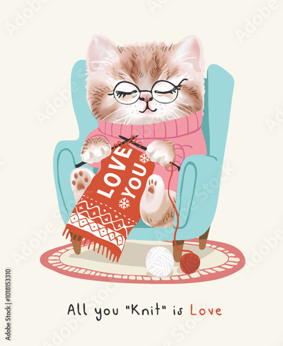 love slogan with cute kitten knitting cartoon vector illustration