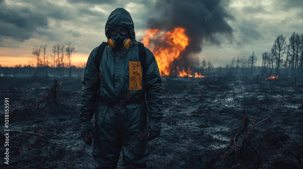 A man in protective clothing stands on scorched earth with dying trees on the horizon. a metaphor for the struggle between man and nature. climate change and pollution A man in protective clothing stands on scorched earth with dying trees on the horizon. a metaphor for the struggle between man and nature. climate change and pollution