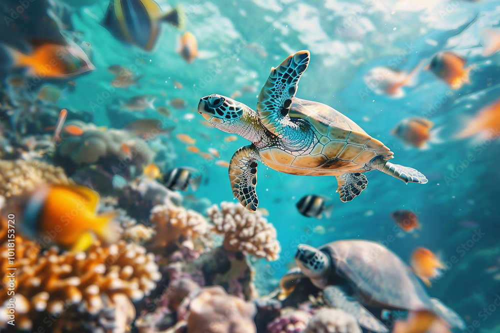 Fototapeta premium Professional skilled diver exploring underwater bio diversity sea ocean, Generative AI