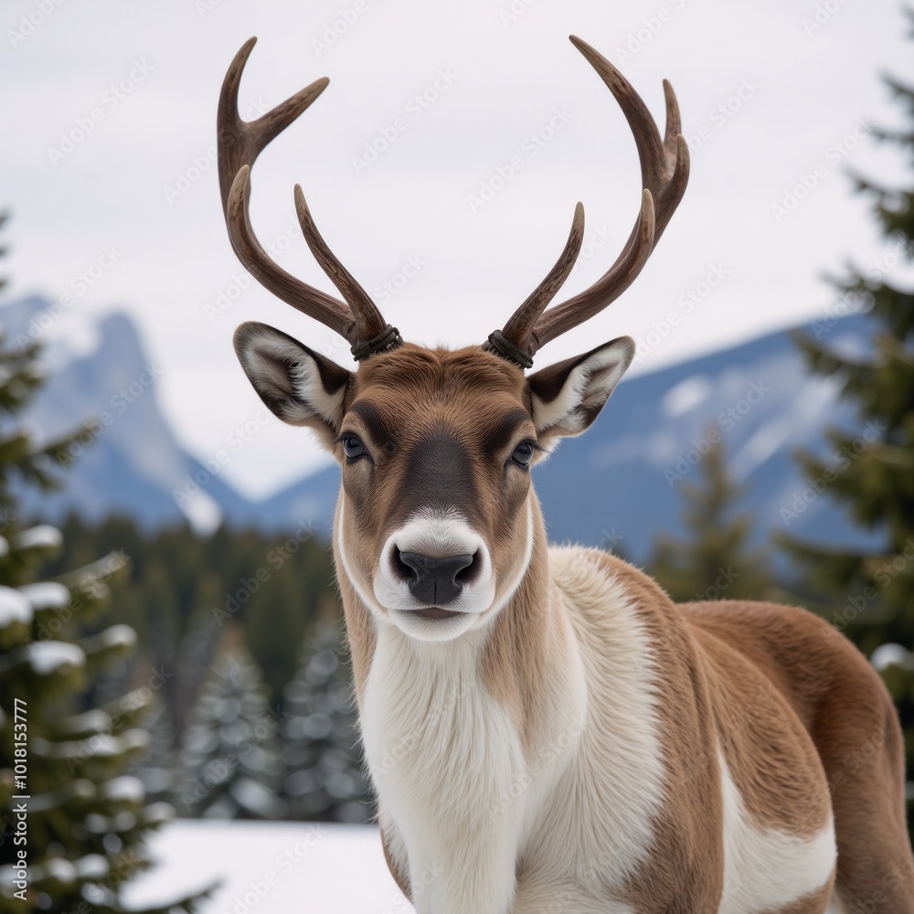 a reindeer against a backdrop setting