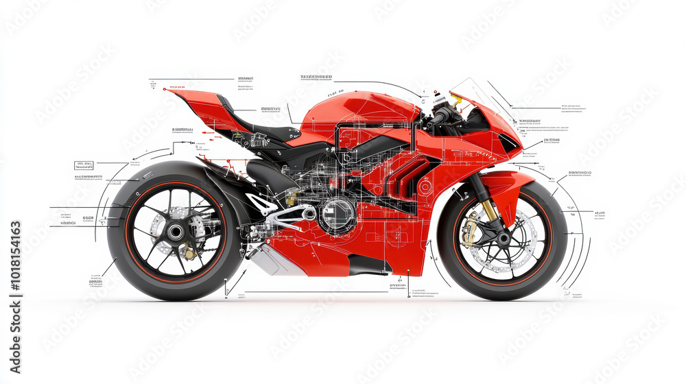 Obraz premium Sleek Red Motorcycle with Technical Blueprint Overlay