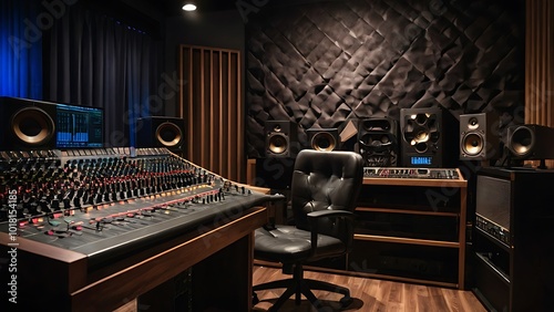 A professional home studio with a sound mixer, studio monitors, and a microphone setup. Designed for music production and mixing with crystal-clear sound.