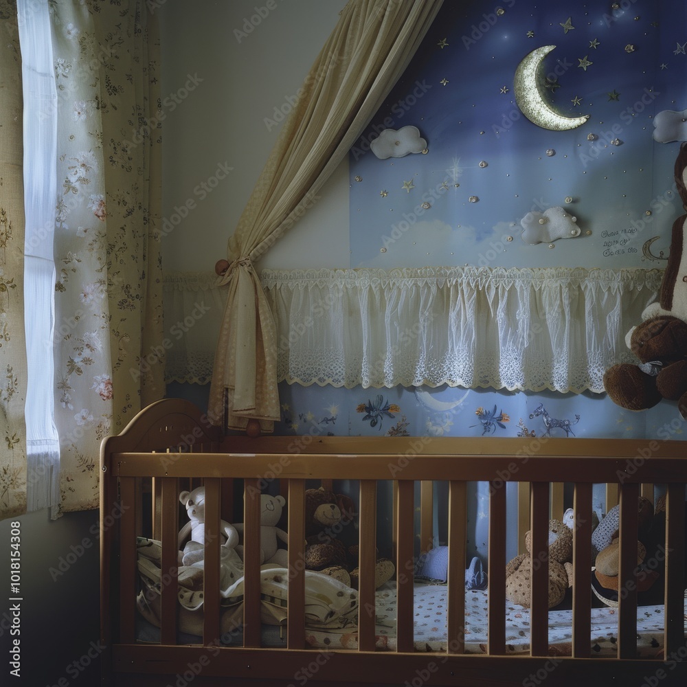 A charming nursery features moonlit scenery and musical instruments, fostering a world of dreams for a little one. A charming nursery features moonlit scenery and musical instruments, fostering a world of dreams for a little one.