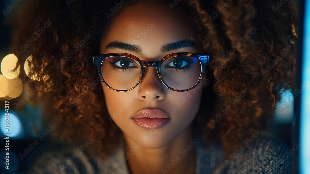 Close-up portrait of a young woman with curly hair wearing glasses and looking directly at the camera. Close-up portrait of a young woman with curly hair wearing glasses and looking directly at the camera.