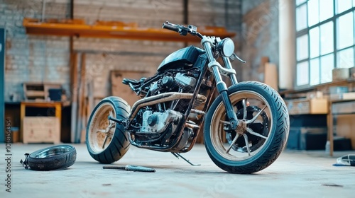 Custom Motorcycle in Workshop Setting