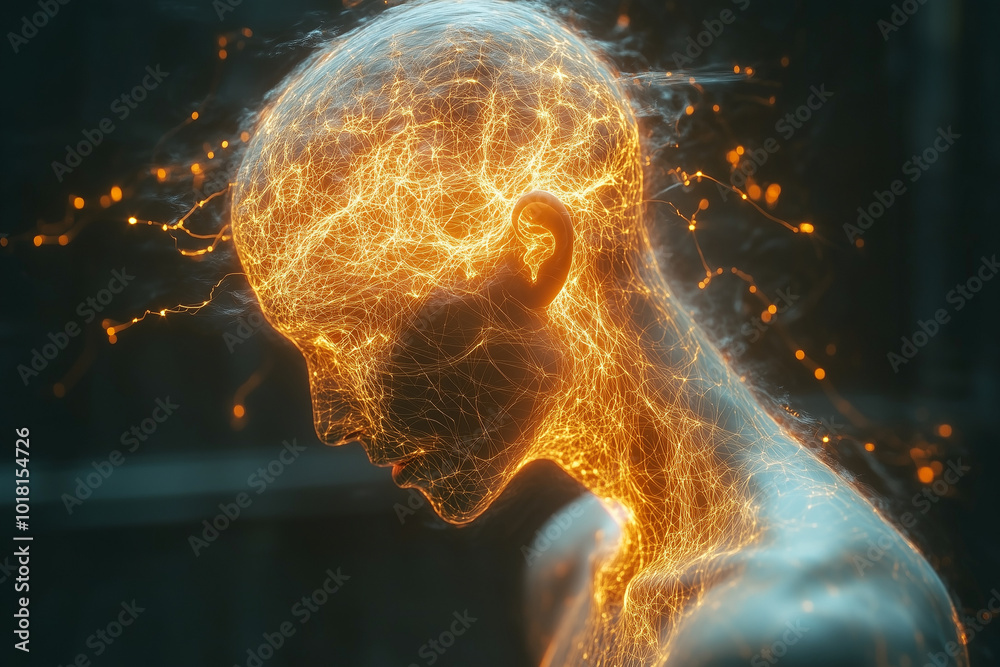 A human figure with a brain full of tangled wires, representing ...