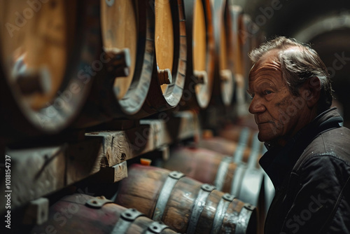 Generative AI image of a man inspecting wooden barrels in a distillery photo