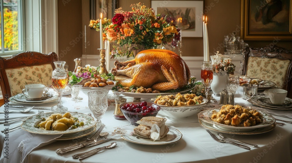 Fototapeta premium Traditional Thanksgiving table with turkey, stuffing, and cranberry sauce. Copy space available.