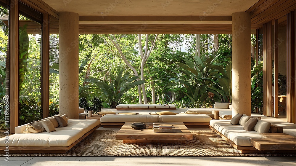 Fototapeta premium Modern Tropical Living Room with Natural Wood Furniture and Lush Greenery View