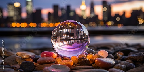 A Crystal Lens Captures the Essence of a Blurred Cityscape, Reflecting the Golden Hues of the Setting Sun and the Tranquil Waters Below