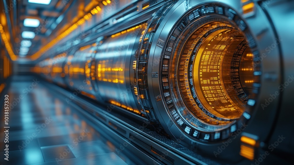 Futuristic metallic tunnel with glowing orange elements. Futuristic metallic tunnel with glowing orange elements.