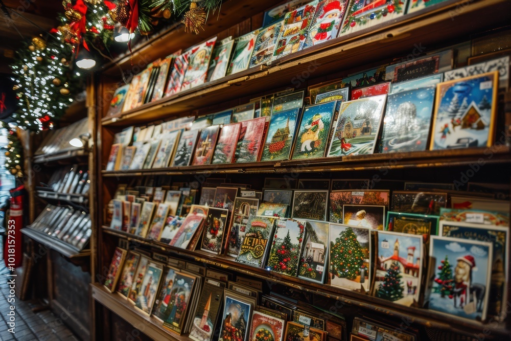 Christmas greeting cards displayed in a shop showcase, colorful festive scene. Christmas greeting cards displayed in a shop showcase, colorful festive scene.
