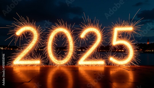 The year “2025” formed by the exploding sparks of a fireworks display. The sparks should be brightly colored and create a dynamic and festive design.