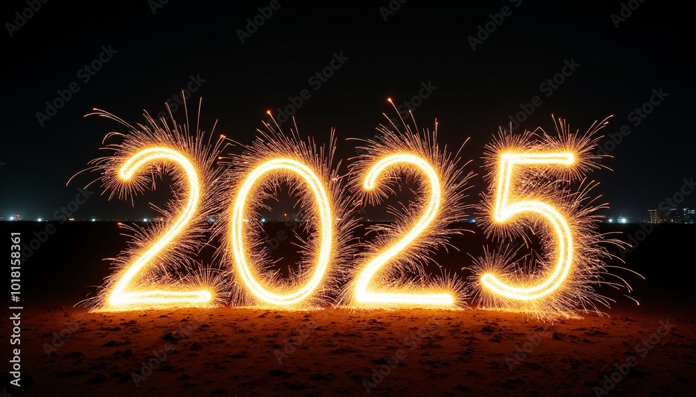 The year “2025” formed by the exploding sparks of a fireworks display. The sparks should be brightly colored and create a dynamic and festive design. The year “2025” formed by the exploding sparks of a fireworks display. The sparks should be brightly colored and create a dynamic and festive design.