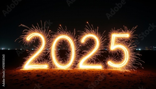 The year “2025” formed by the exploding sparks of a fireworks display. The sparks should be brightly colored and create a dynamic and festive design.