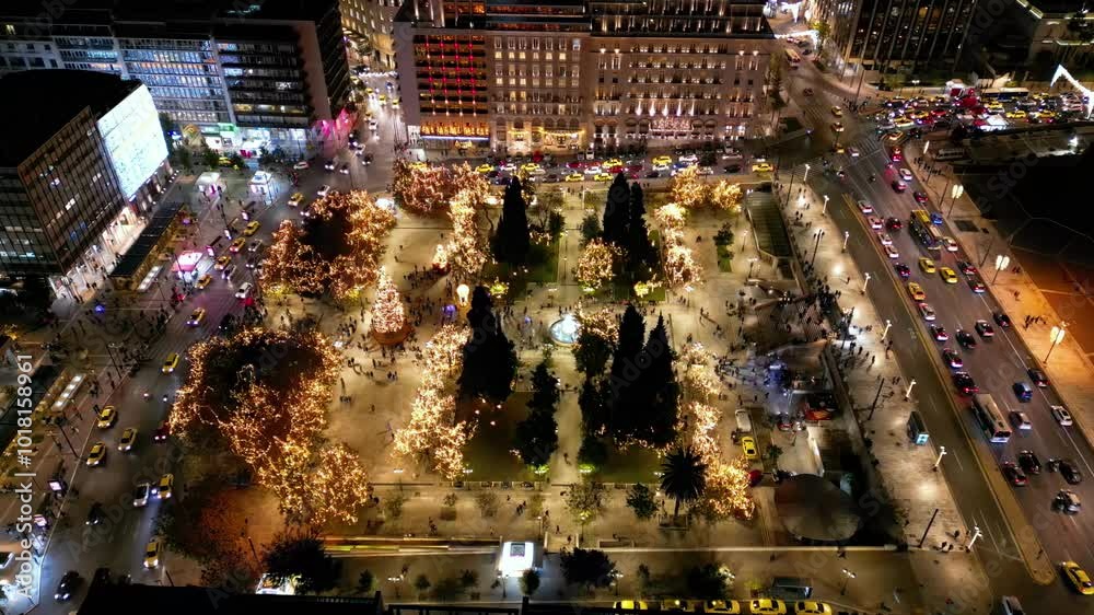 Aerial view of the festive decorated Syntagma Square for Christmas in the city center during evening time, Athens, Greece