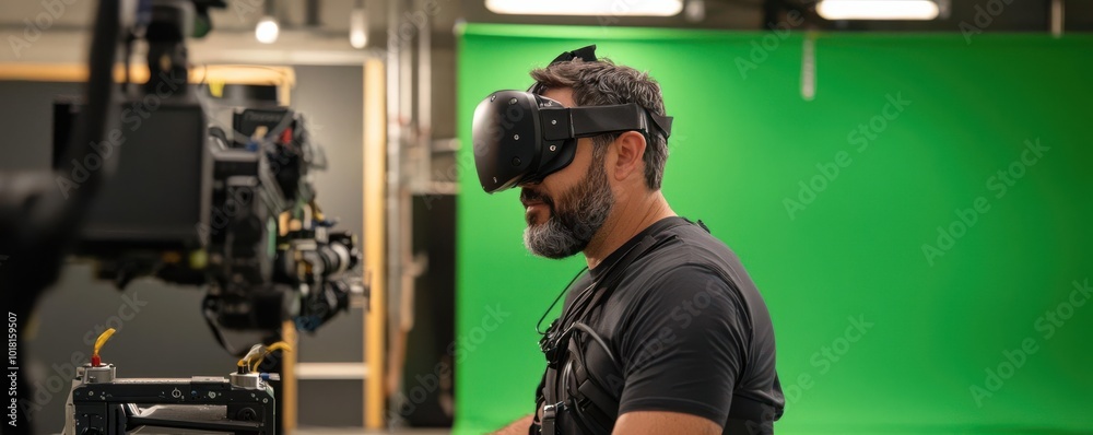 Actor in a motion capture suit on a film set with a green screen background, capturing dynamic movements for CGI and digital effects production