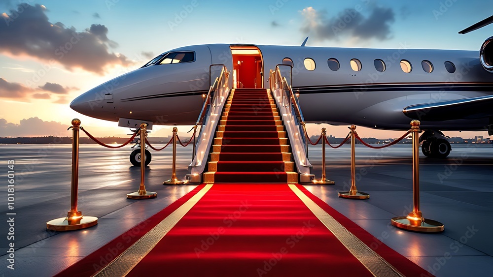 Private jet with red carpet and golden stanchions at sunset Private jet with red carpet and golden stanchions at sunset