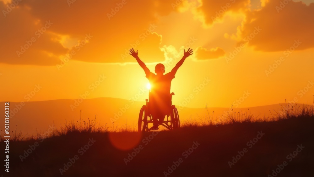 Celebrating resilience and freedom, silhouette of wheelchair user with raised arms at sunset, International Day of Persons with Disabilities concept Celebrating resilience and freedom, silhouette of wheelchair user with raised arms at sunset, International Day of Persons with Disabilities concept