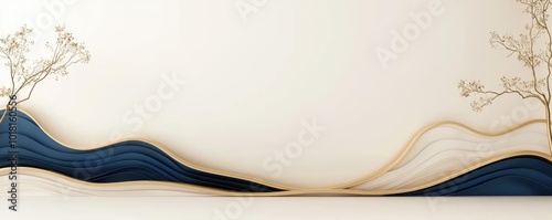Chinese-inspired abstract artwork in blue and gold, depicting flowing mountains and clouds, symbolizing harmony and tranquility 3D mockup
