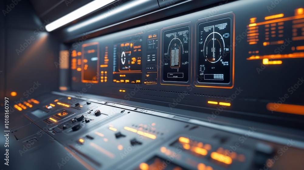 Futuristic control panel in dimly lit room showcasing advanced technology and digital interfaces Futuristic control panel in dimly lit room showcasing advanced technology and digital interfaces