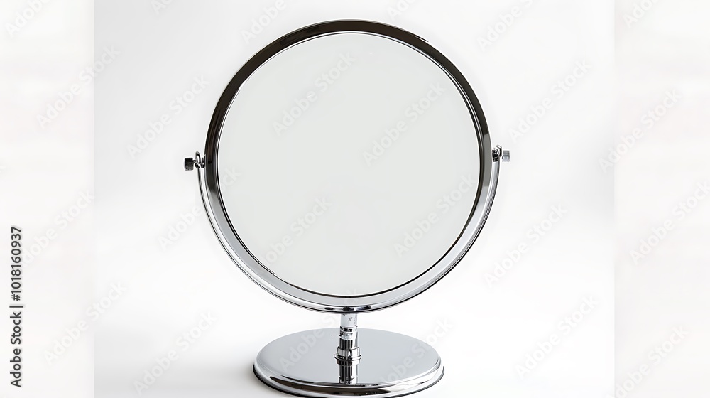 A minimalist round makeup mirror with chrome stand, white background. A minimalist round makeup mirror with chrome stand, white background.