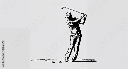 Hand drawing clipart of a man playing golf with club on plain white background photo